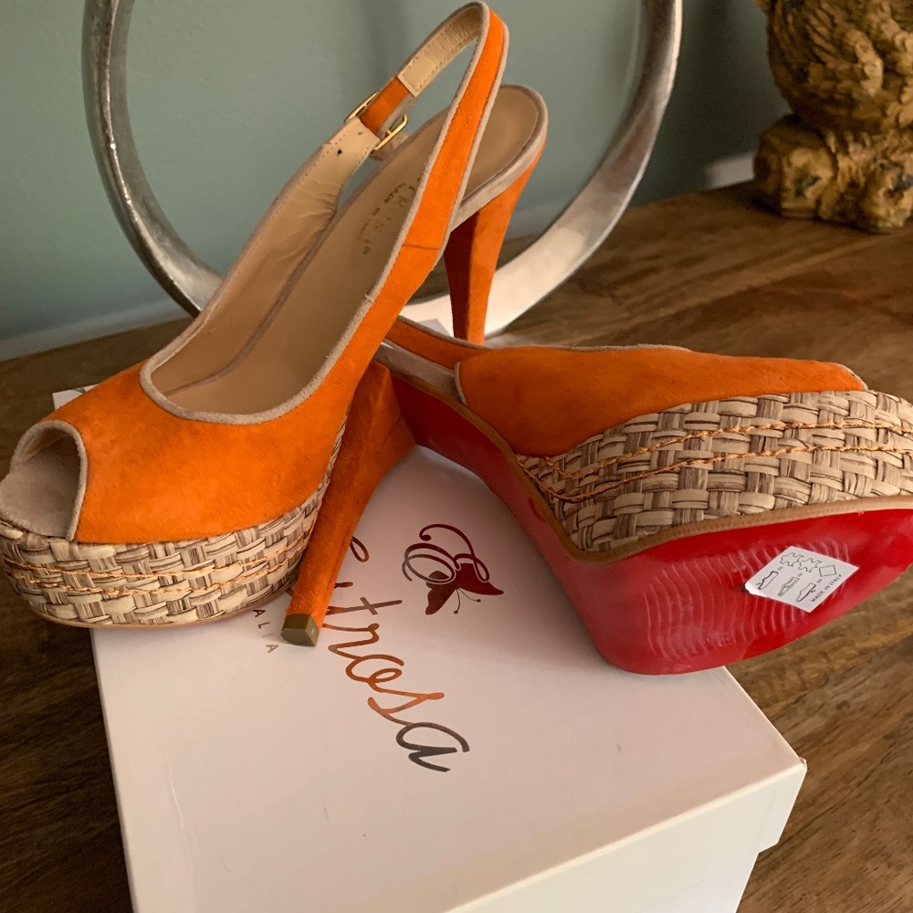 Orange Suede Slingback platform shoe with raffia platform